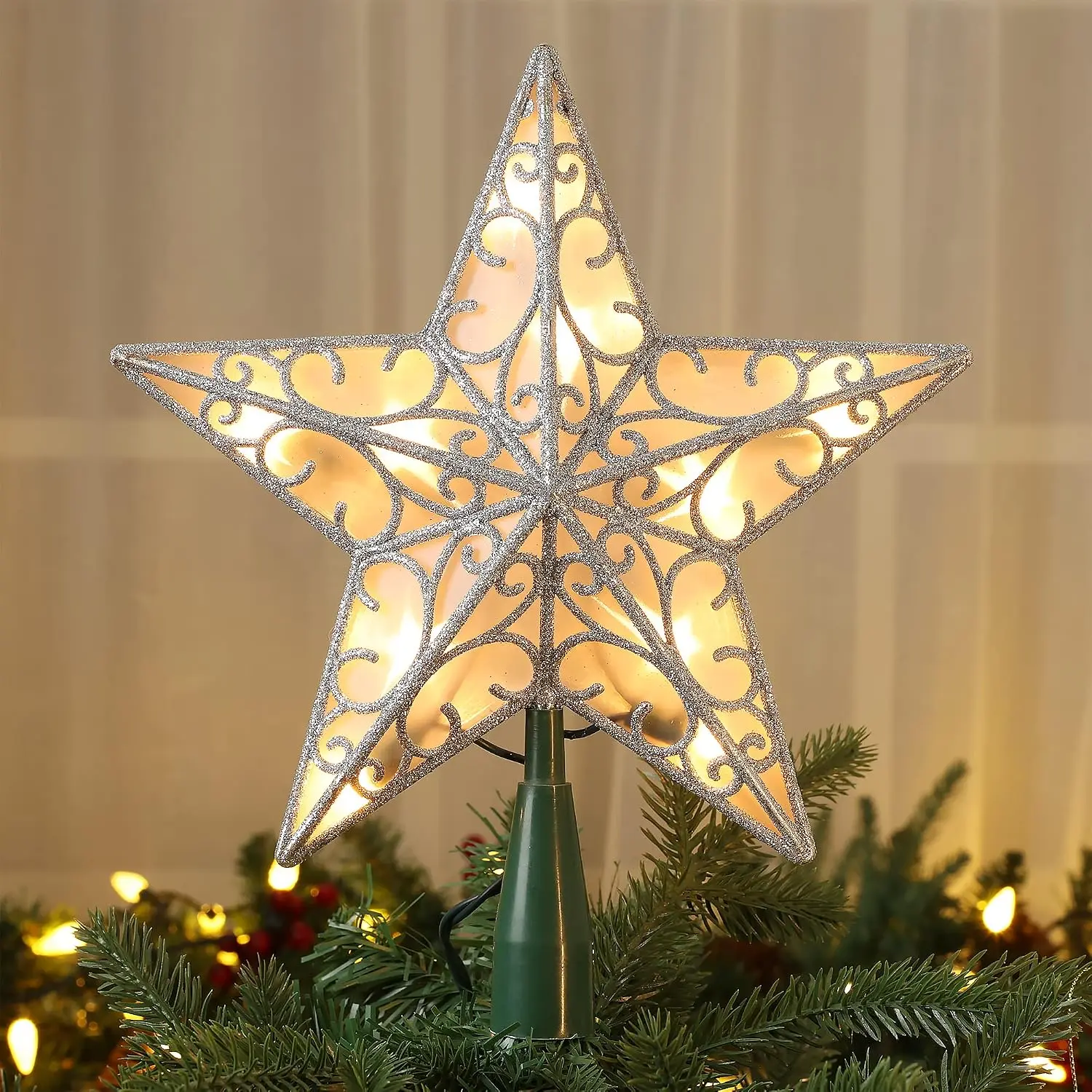 Christmas Tree Topper, 9.5"  Xmas  with 10 Lights | 120V UL Certified -side  Treetop; Glittered  Lighted Xmas Treetop Plug in for Holiday Christmas Tree Decor
