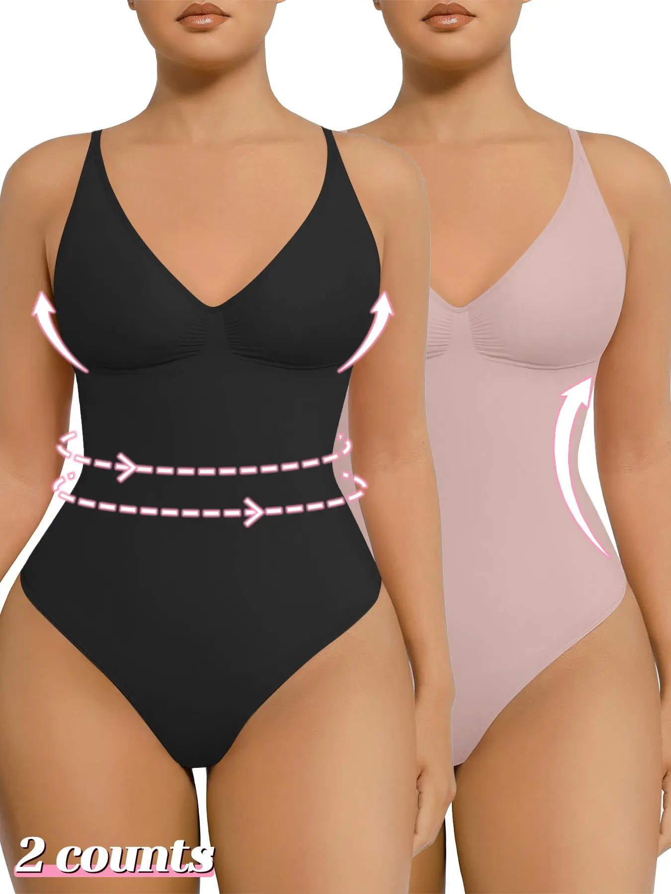 Women's Solid Backless V Neck Shapewear Bodysuit, Tummy Control Seamless Shaper, Women's Shapewear for All Seasons, Tummy Tuck Garment