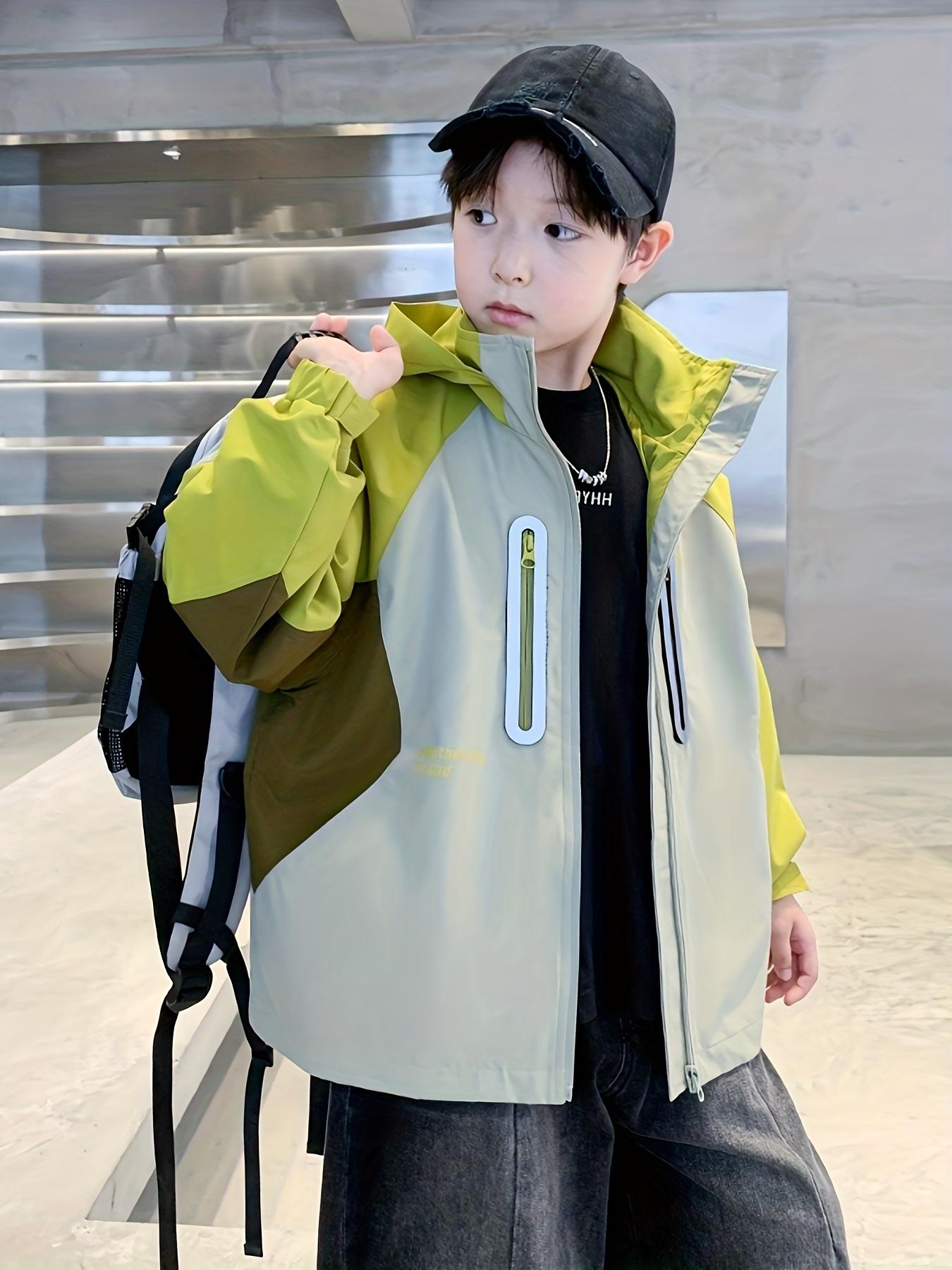 & ' Hooded Jacket with Half-Zip & Full-Zip Front - Lime Green/Yellow/Brown Color Block Windbreaker, Full-Zip Hood & Full-Zip Back, Durable for Kids Outdoor, Casual Wear (Spring/Fall) - Easy-Care Zipper