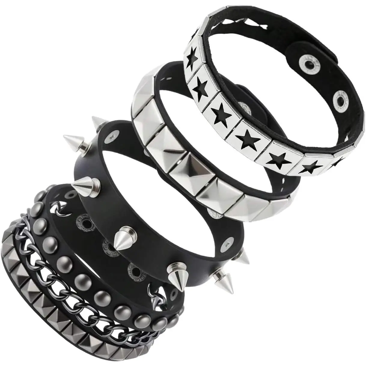 4 count Studded Spiked Leather Bracelet Set Goth Punk Retro  | Set of studded spiked leather bracelets, goth alt emo grunge style, 80s 90s retro punk  wristband accessories