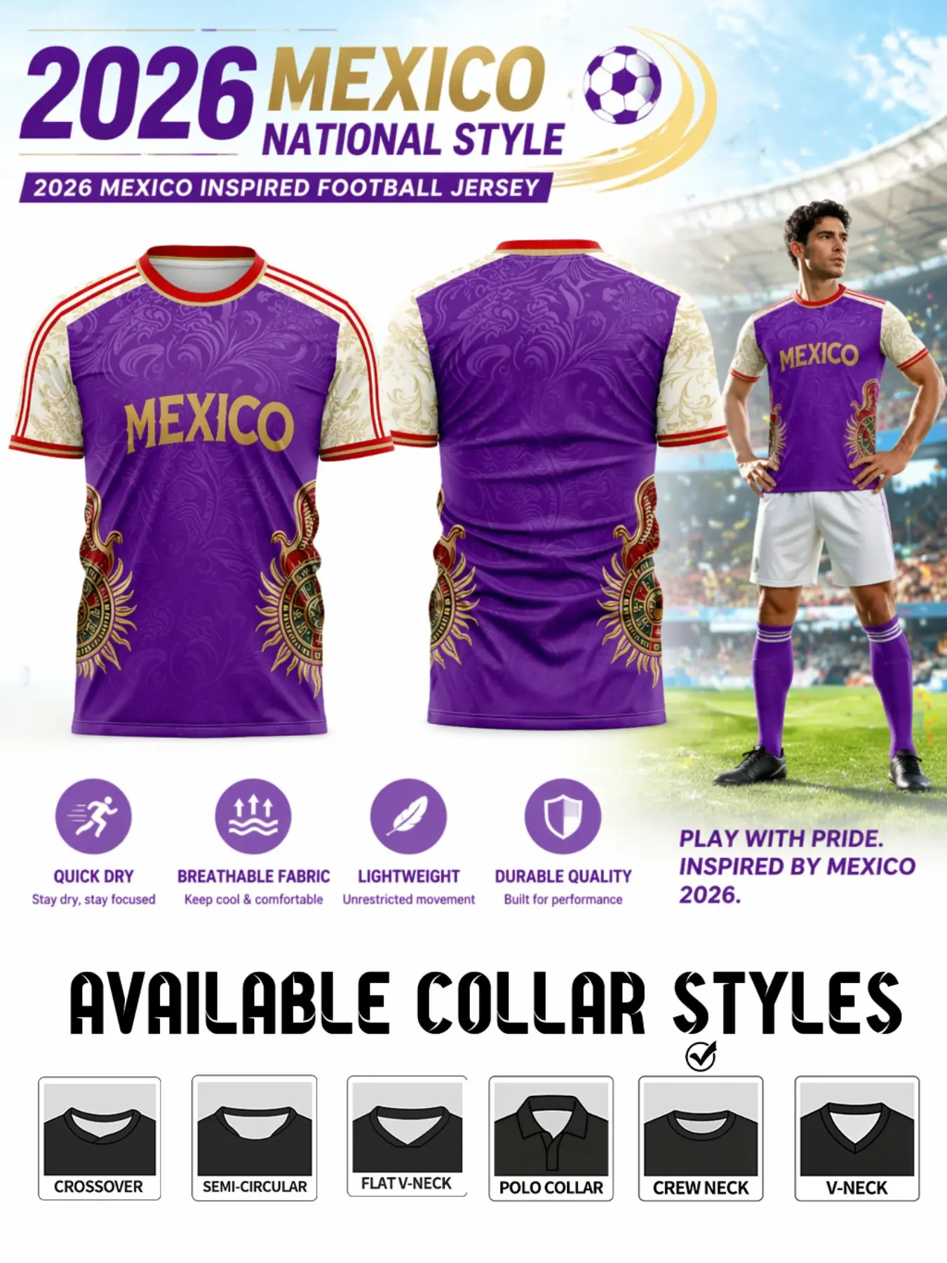 2026 Mexico Aztec Sunstone Soccer Jersey, Vintage Floral Indigenous Patriotic Fan Gear, Moisture-Wicking Quick-Dry Sports Tee
