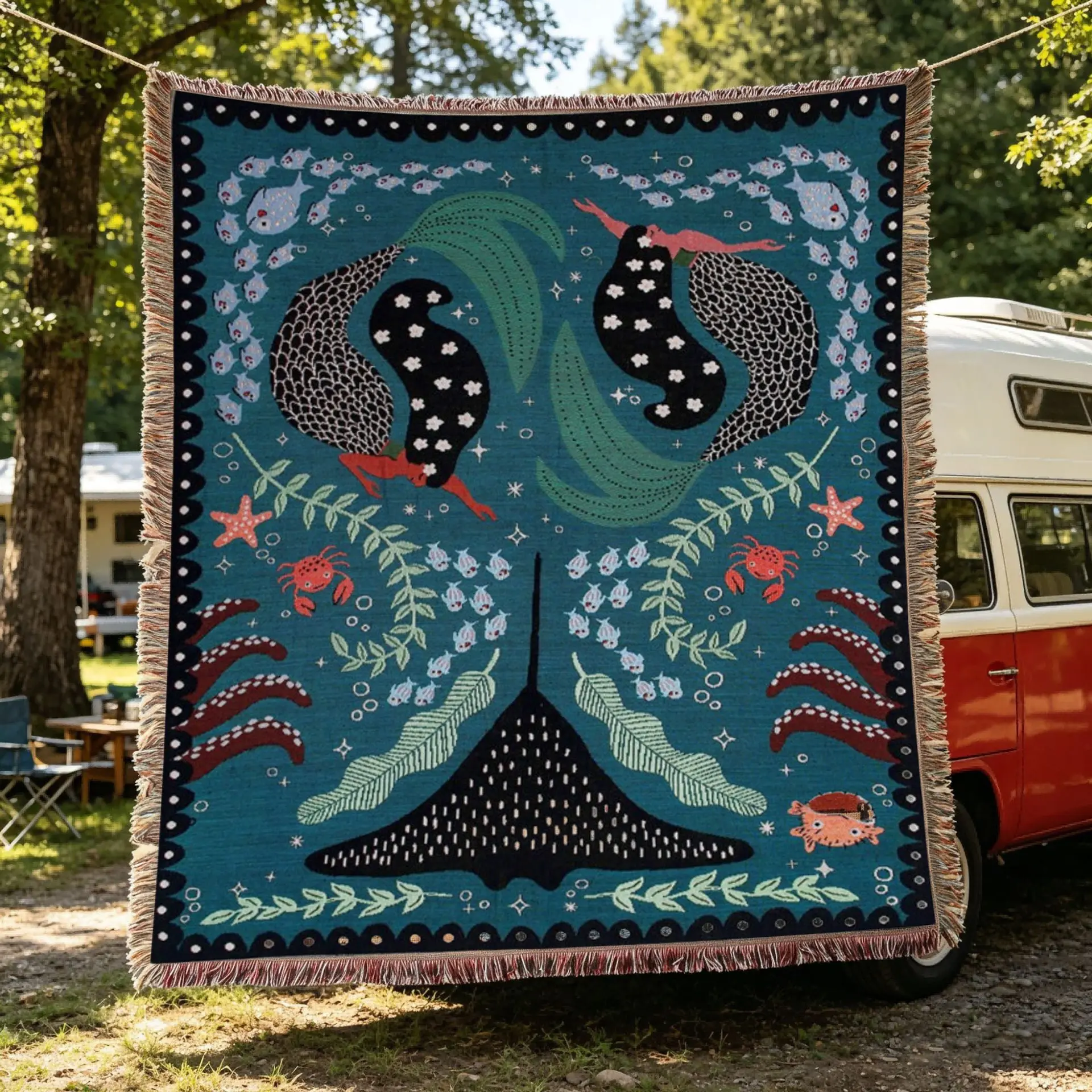 Boho Mermaid Print Tassel Cozy Throw Blanket With Tassels, Soft Comfortable Picnic Beach Blanket, Multifunctional Tassel Blanket for Home & Outdoor Camping