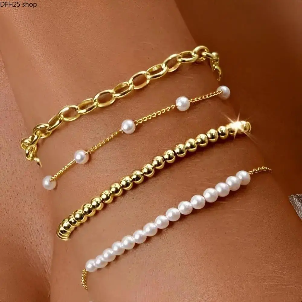 Gold Pearl Beaded Bracelet Set for Women, Layered Chain Wrist Jewelry with Delicate Bead Accents and Stackable Design for Daily Wear