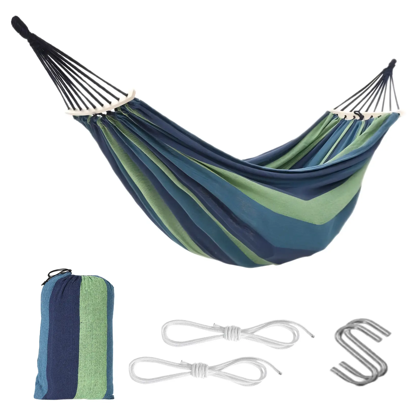 Garvee Extra Large Double Hammock with Anti-Roll Beams – 2 Person Heavy Duty Canvas & Wood – Portable Hammock with Storage Bag & Tree Ropes – Supports 500lbs – Ideal for Patio, Camping, Beach, Backyard – Blue-Green Striped