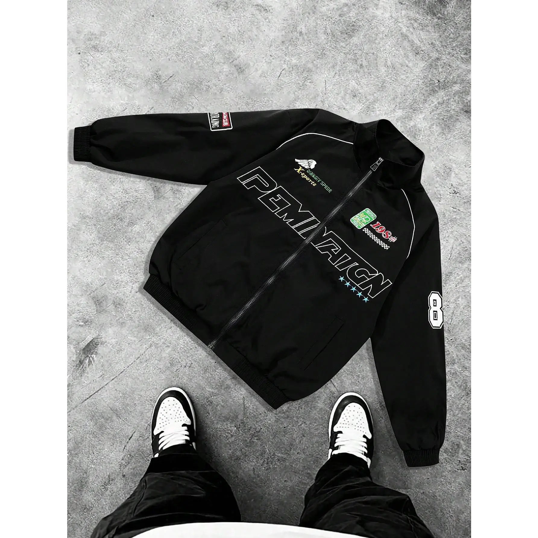 Men's Motorcycle Jacket Y2k Graphic Zip Up Racing Bomber Jackets Coat Streetwear