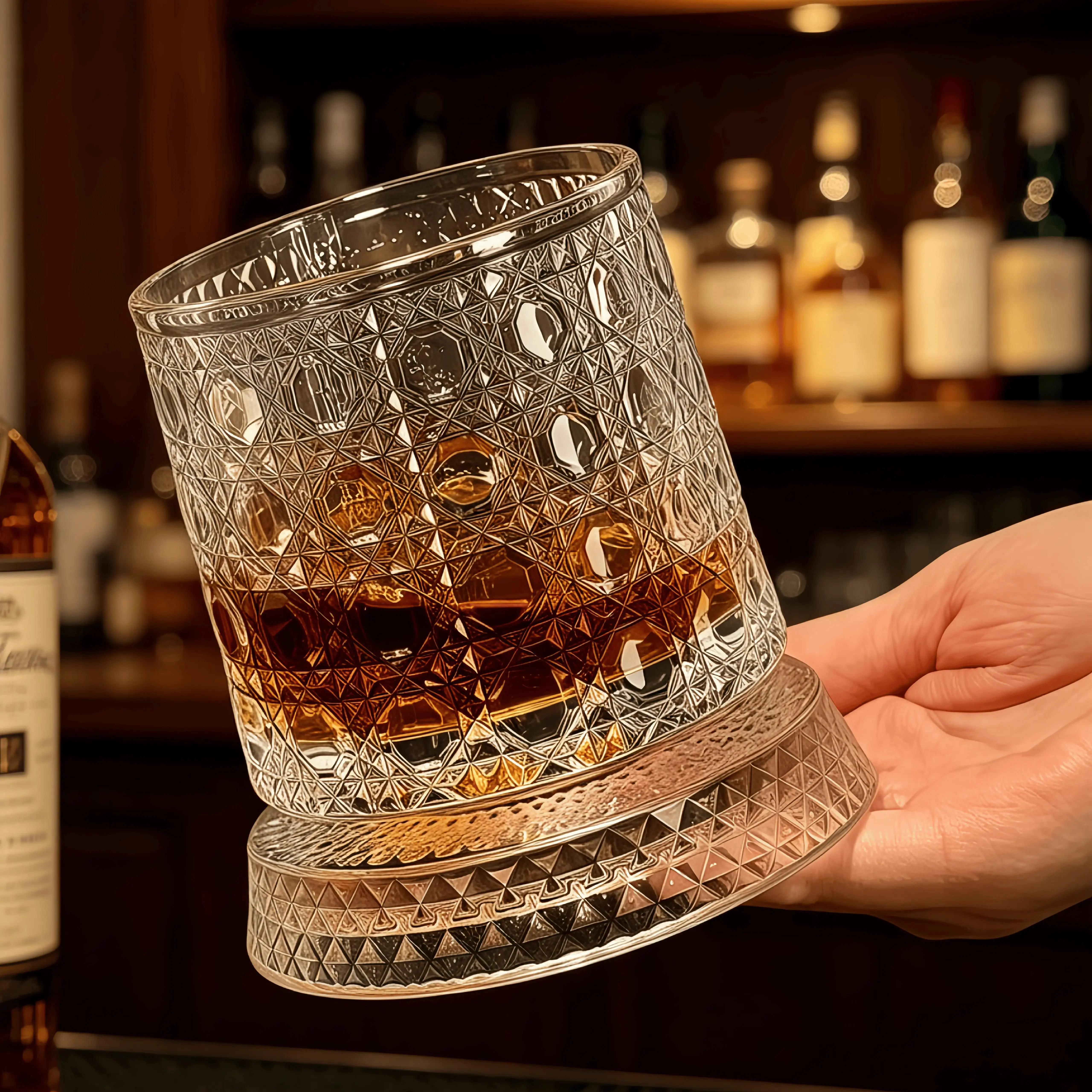Luxury 360° Rotating Geometric Crystal Glass Cup - Built-in LED Lighting, Indoor/Outdoor Spinning Glassware, Premium Stress-Relieving Gift for Bar Enthusiasts