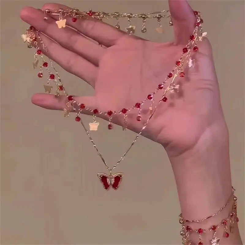 Women's Exquisite Synthetic Simulated Coloured Gemstone Butterfly Tassel Charm Necklace, Elegant Double Layer Clavicle Choker Chain, Party Wear Costume Jewelry