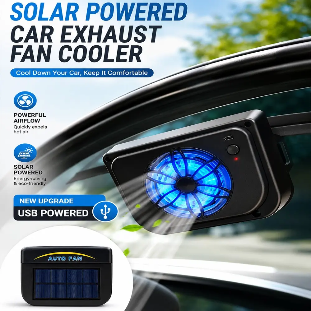 New Upgrade USB Solar Powered Car Ventilator Window Solar Exhaust Radiator Fan, Window Windshield Auto Air Vent Cooling Fan System Cooler, Air Circulation, Suitable for General Types of Ca(USB-powered or Solar-powered)