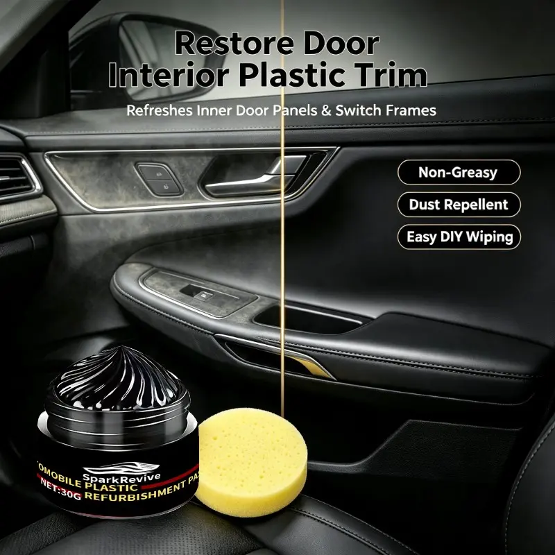 30g Car Interior Plastic Restorer Cream, Renew Foggy Dashboard Door Panel Seat Side Trim, Anti-Oxidation, Long-Lasting Deep Black Effect