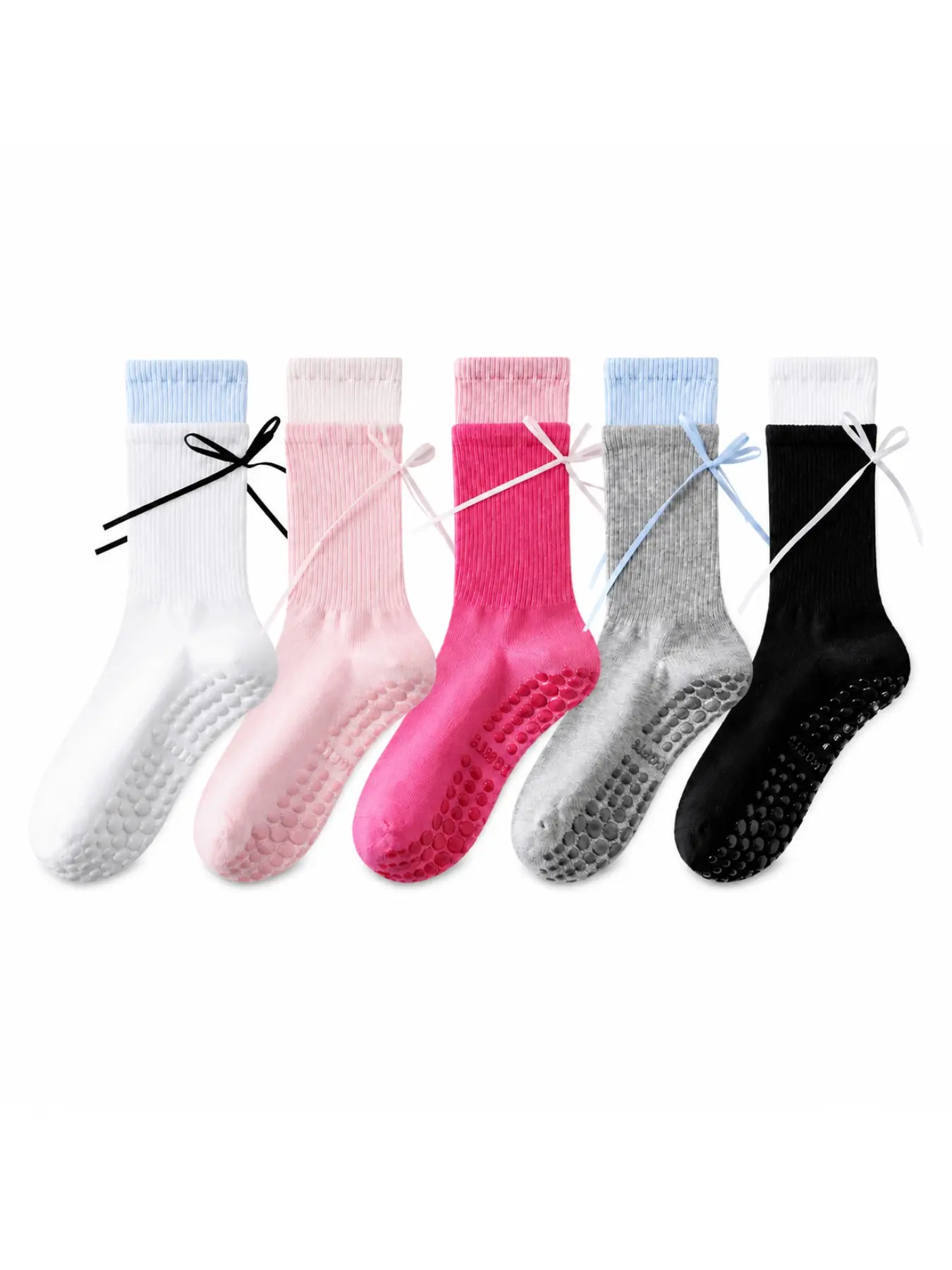 5 Pairs Pilates Socks with Grips for Women Ribbon Bow Yoga Socks Crew Non-Slip Grippy Socks for Barre Ballet Dance Fitness Gym Home Hospital Sports Grip Socks