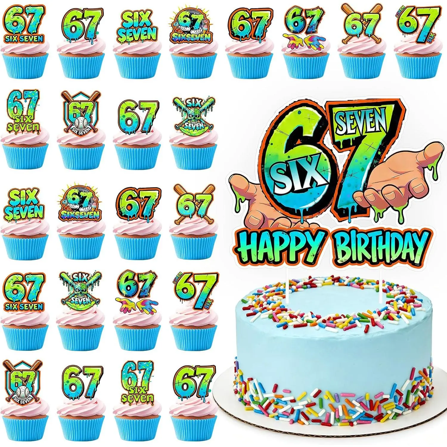 24 count 6 7 Cupcake Toppers and 6 7 Cake Topper, 6 7 Birthday Decorations | Featuring "67"Numbers,Baseball,Baseball Bat,Hands,Skeleton,67 Birthday Decorations for Birthday/Gen Z Party Decoration