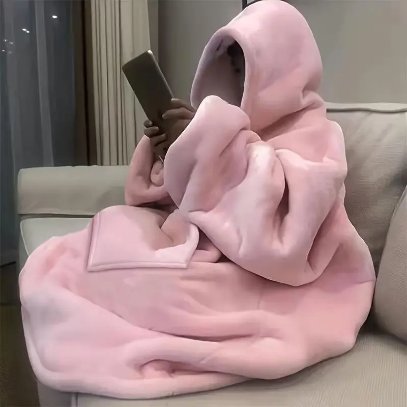 Super Soft Coral Fleece Hooded Sleep Robe, Oversized Cozy Lazy Blanket Hoodie for Home Relax