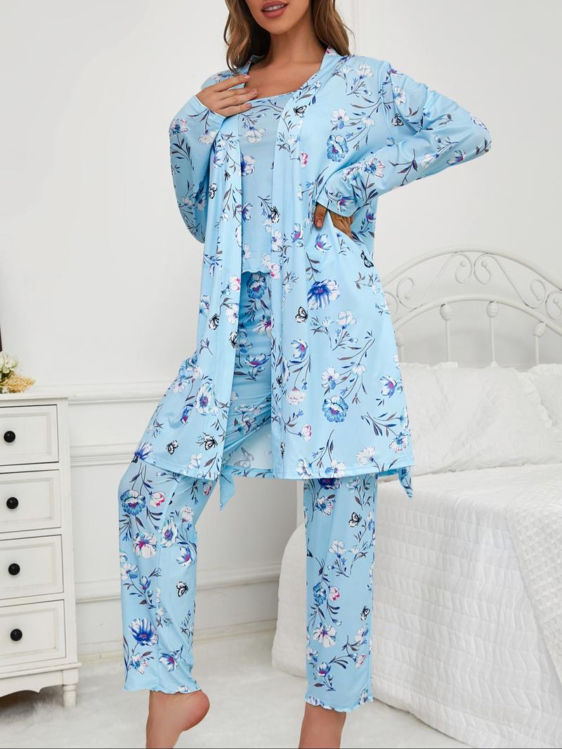 Three-Piece Set Women's Floral Butterfly Print Lettuce Trim Belted Lounge Robe & Cami Top & Pants Pyjama Set, Casual Comfy Three-piece Sleepwear Set for Women, Ladies Sleepwear for All Seasons, Pajama Set