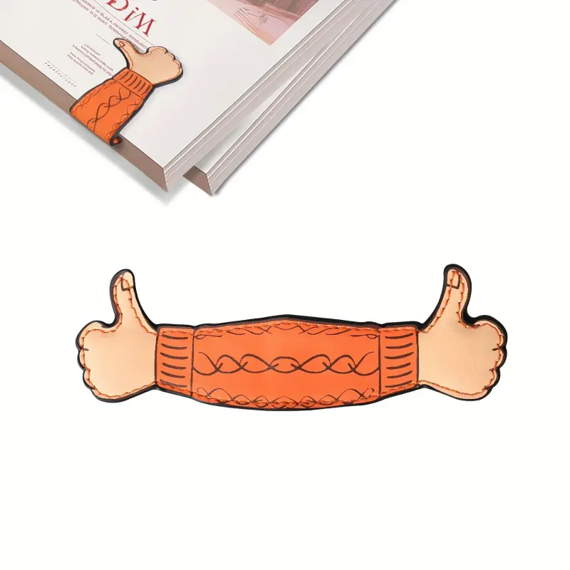 A personalized leather bookmark with thumbs-up, a thumb magnet page holder, a personalized bookmark gift for book lovers, and a gift for readers