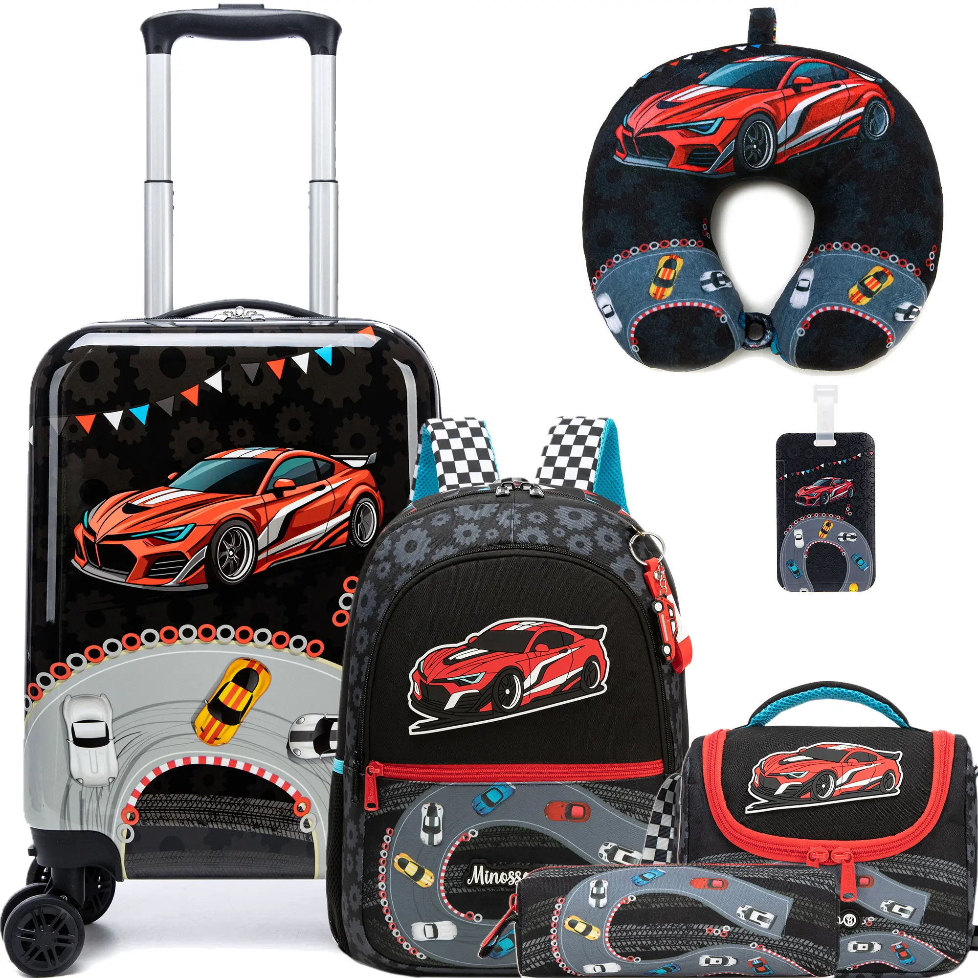 5 Piece Kids Hardside Spinner Luggage Set | Black Red Sports Race Car Carry On Suitcase with Backpack, Lunch Box & Neck Pillow for Boys | Cool Speed Racing School Vacation Combo 2026