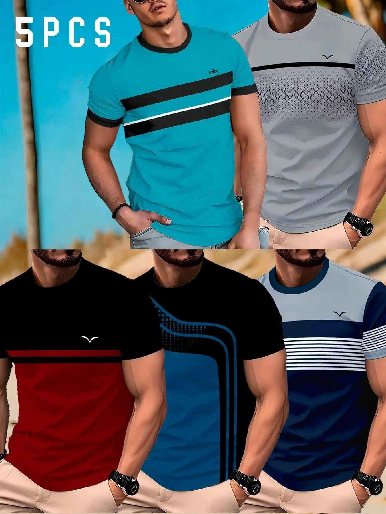 5-Pack Men's Casual T-Shirts, Short Sleeve Loose-Fit, All-Over Print, Breathable Summer Wear, Business & Sports, Round Neck