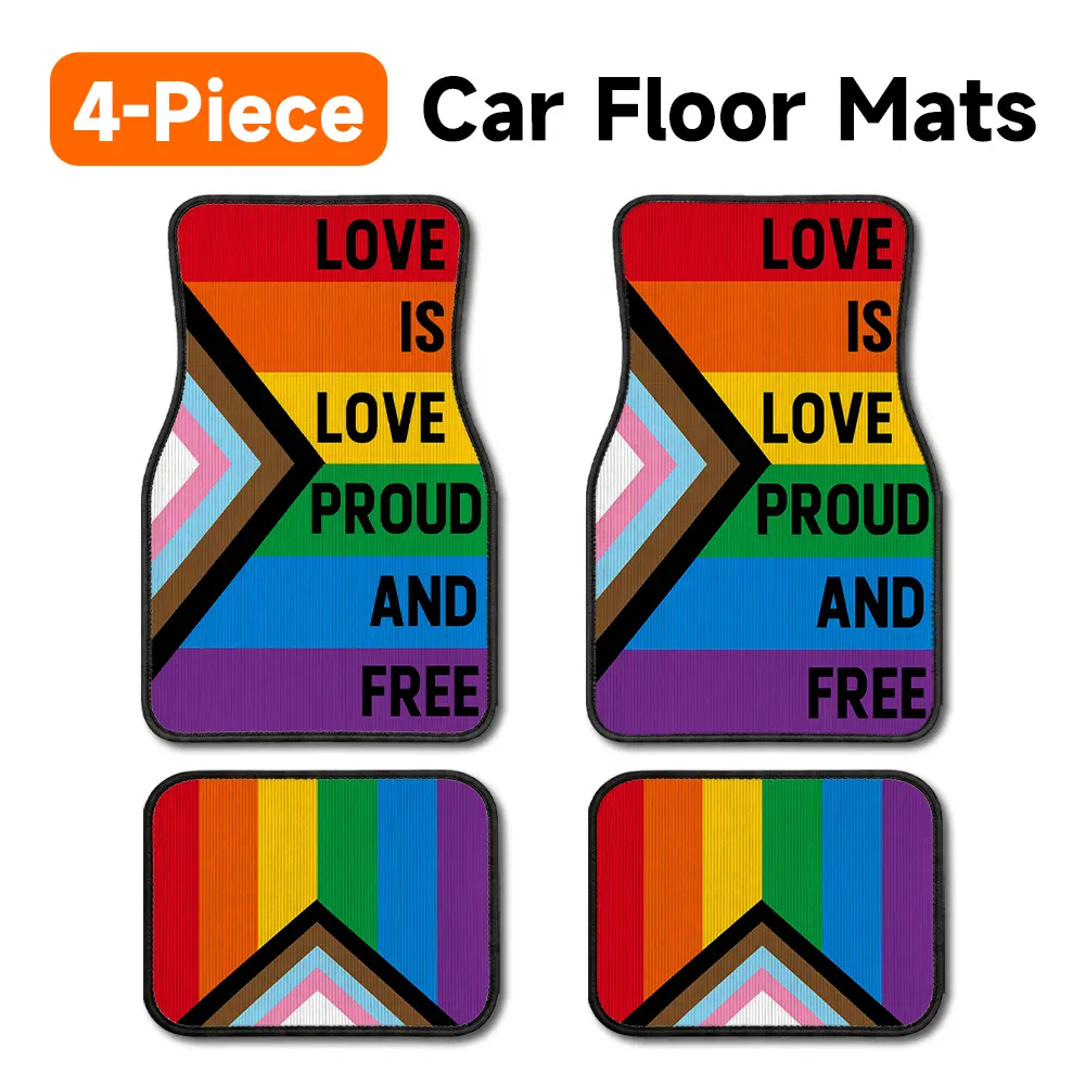 LGBTQ Pride Floor Mats 4-Pack - Progress Rainbow Flag, Love Is Love Print, Non-Slip, Easy to Clean, Odorless and Durable, Heavy-Duty, Universal Fit Auto Liners, Protect Your Car Interior for Most Cars, SUVs, Sedans, Vans, Floor Mats For Car, Automotive Fl