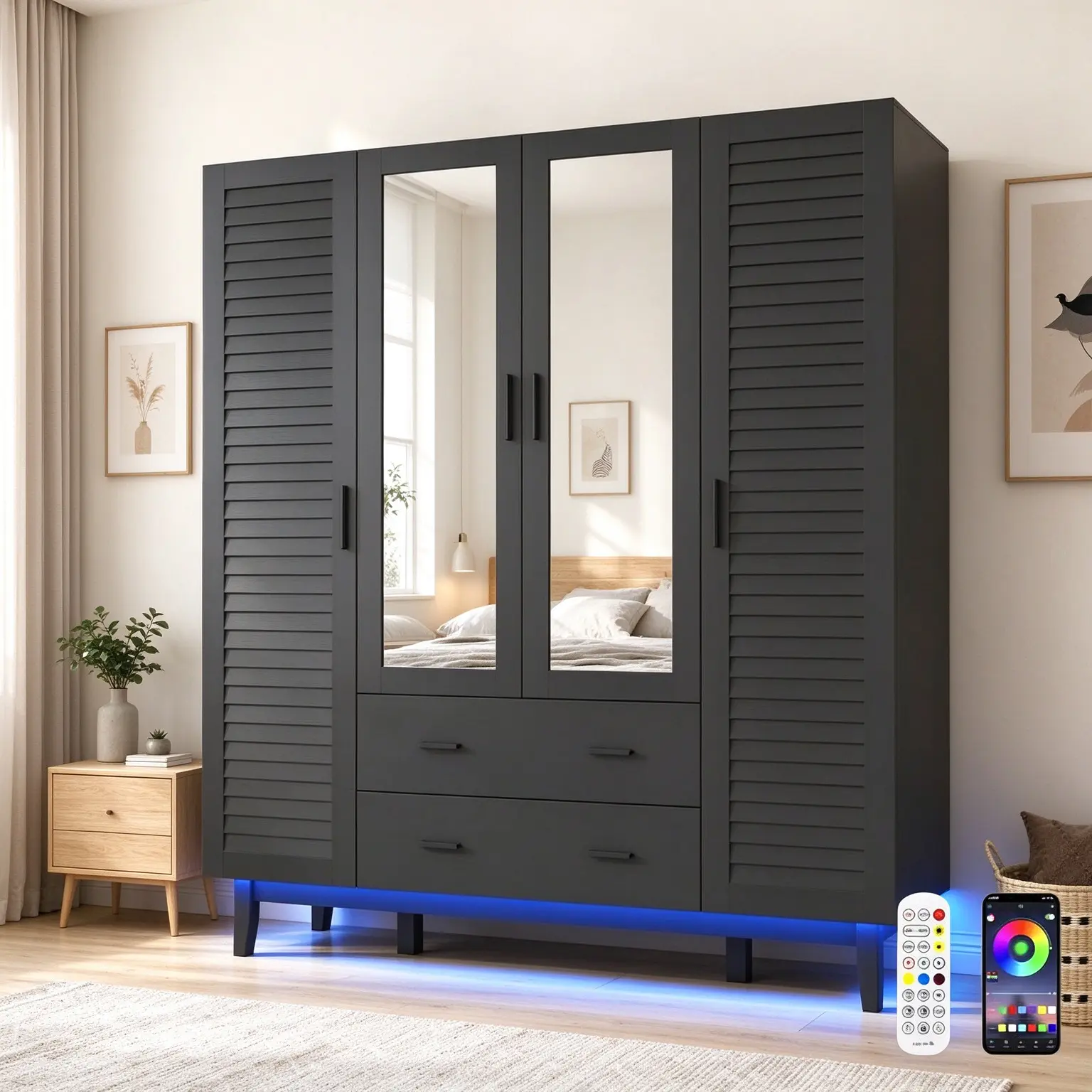 2/3/4 Doors Armoire Wardrobe Closet Cabinet With Drawers And USB Powered LED Lights, Multi-Tier Shelves, Hanging Rod & 2 Louver Doors, Large Capacity Storage Wardrobe Armoire For Bedroom system organizer