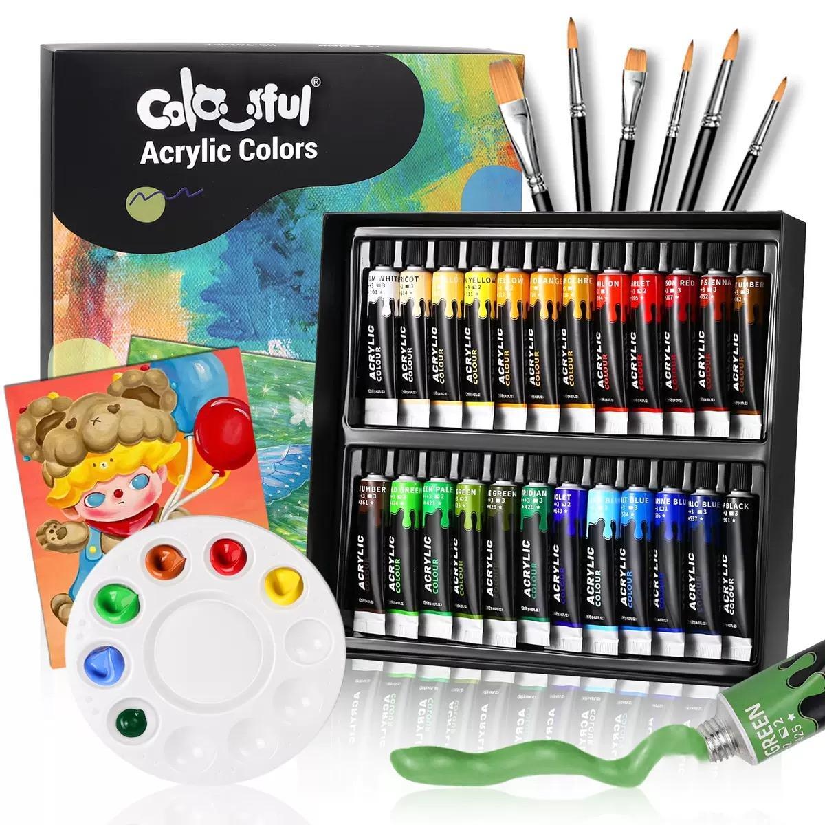 Acrylic Paint Set, 1 Box 12/24 Colors Colorful Acrylic Paint Set with 6 Brushes & 1 Palette, Acrylic Crafts Paint Kit for Student, Beginners, Crafts Art Supplies