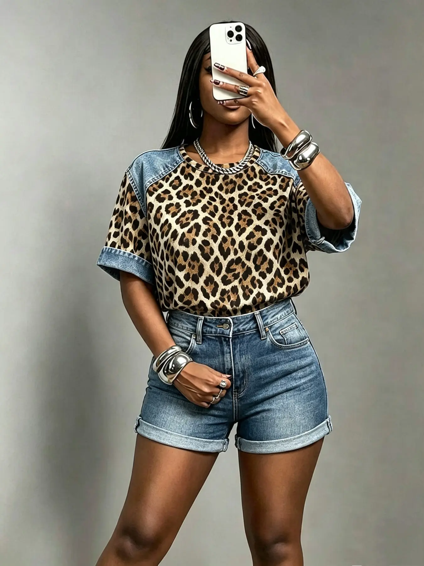 American Vintage Leopard Print Denim Patchwork Digital Print Short Sleeve T-Shirt, Loose Round Neck, Y2K Street Style, Summer Essential