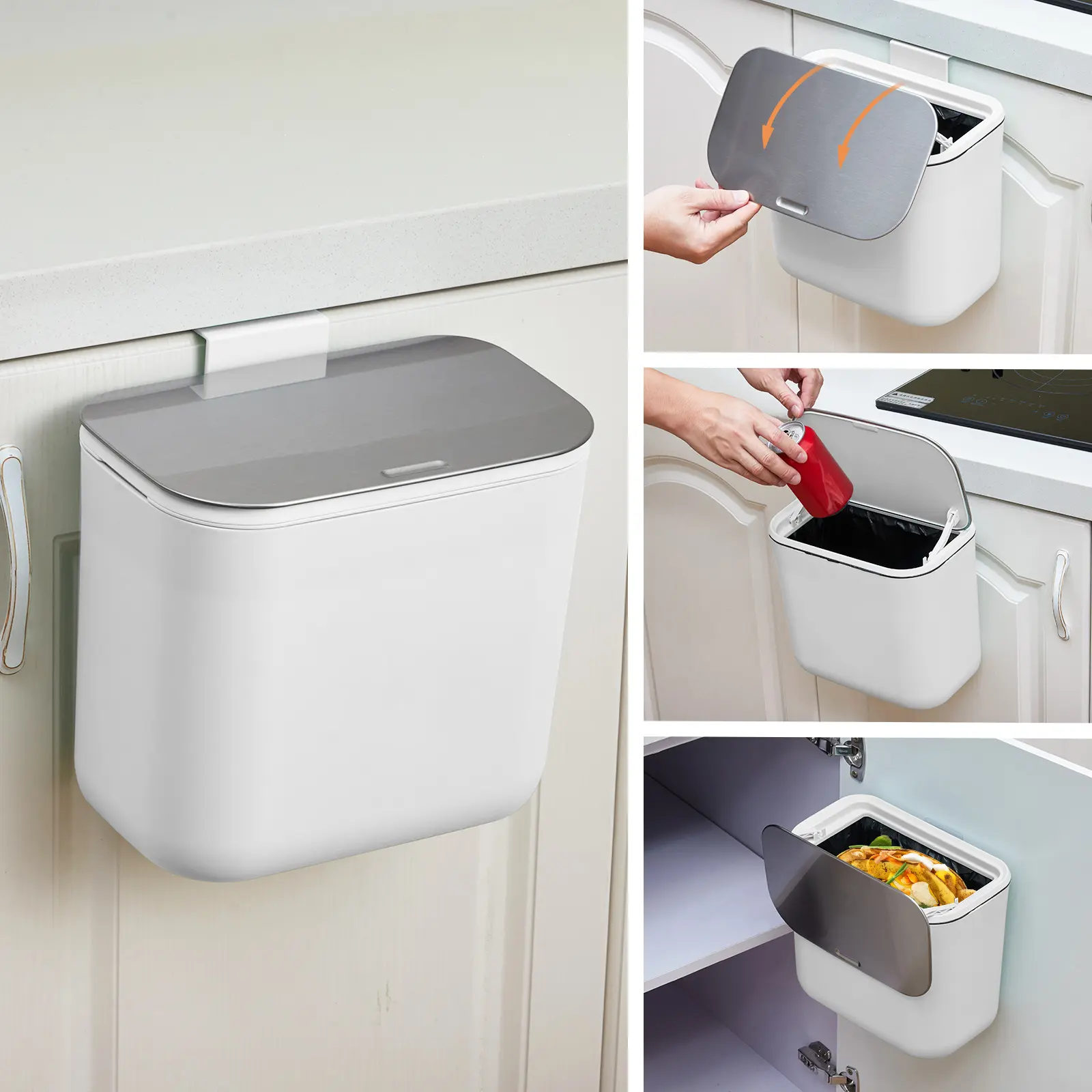 Odor-Proof Hanging Kitchen Compost Bin – 1.8/2.4 Gallon Trash Can with Stainless Steel Lid, Space-Saving for Cabinet Door, Under basin, Bathroom, Office, RV, Indoor Food Waste Recycling