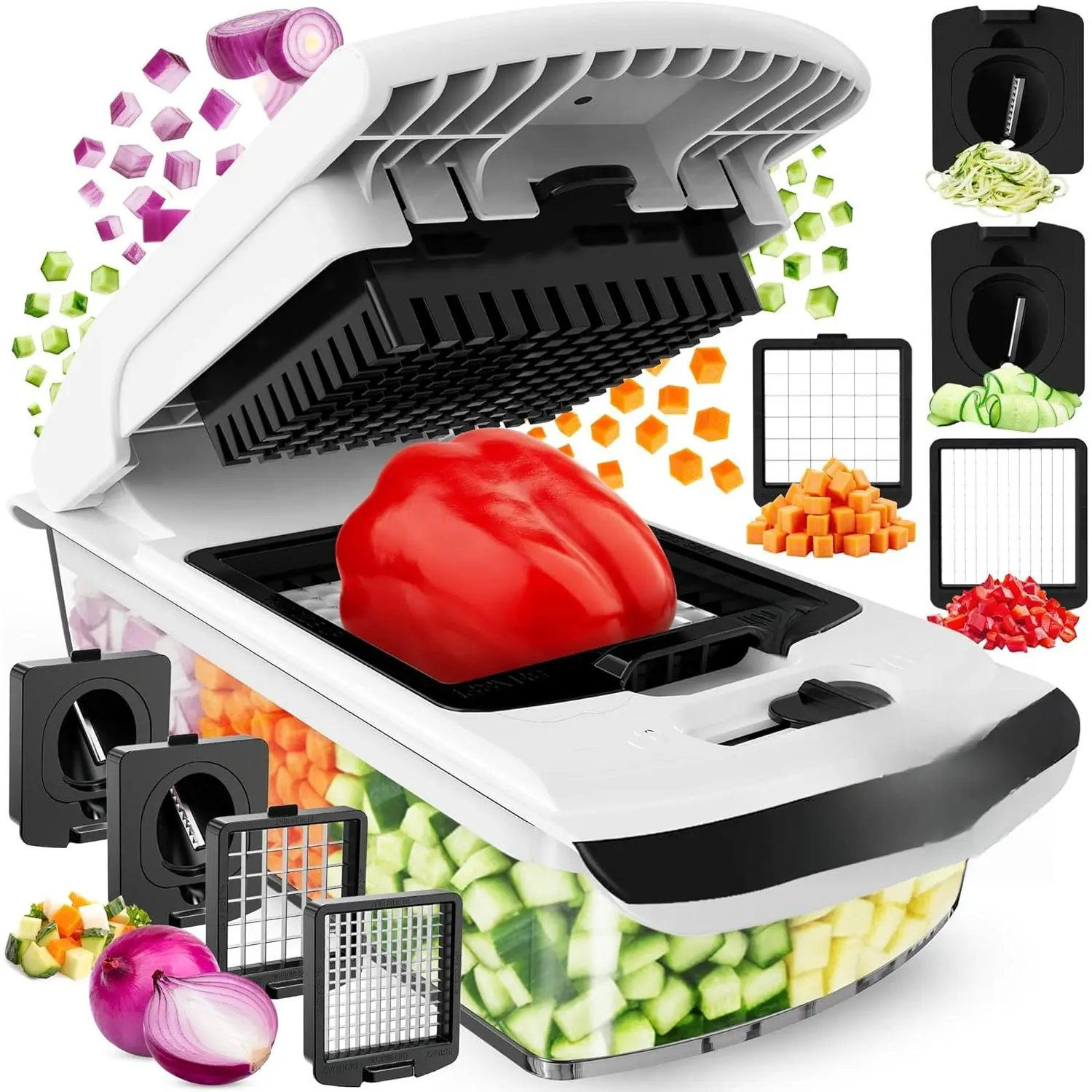 Original Vegetable Chopper - Chopper and Spiralizer - Food Chopper with Container, Fruit Cutter, Onion Dicer - All-in-One Prep Tool - Kitchen Gadgets and Gifts (4 in 1, White)