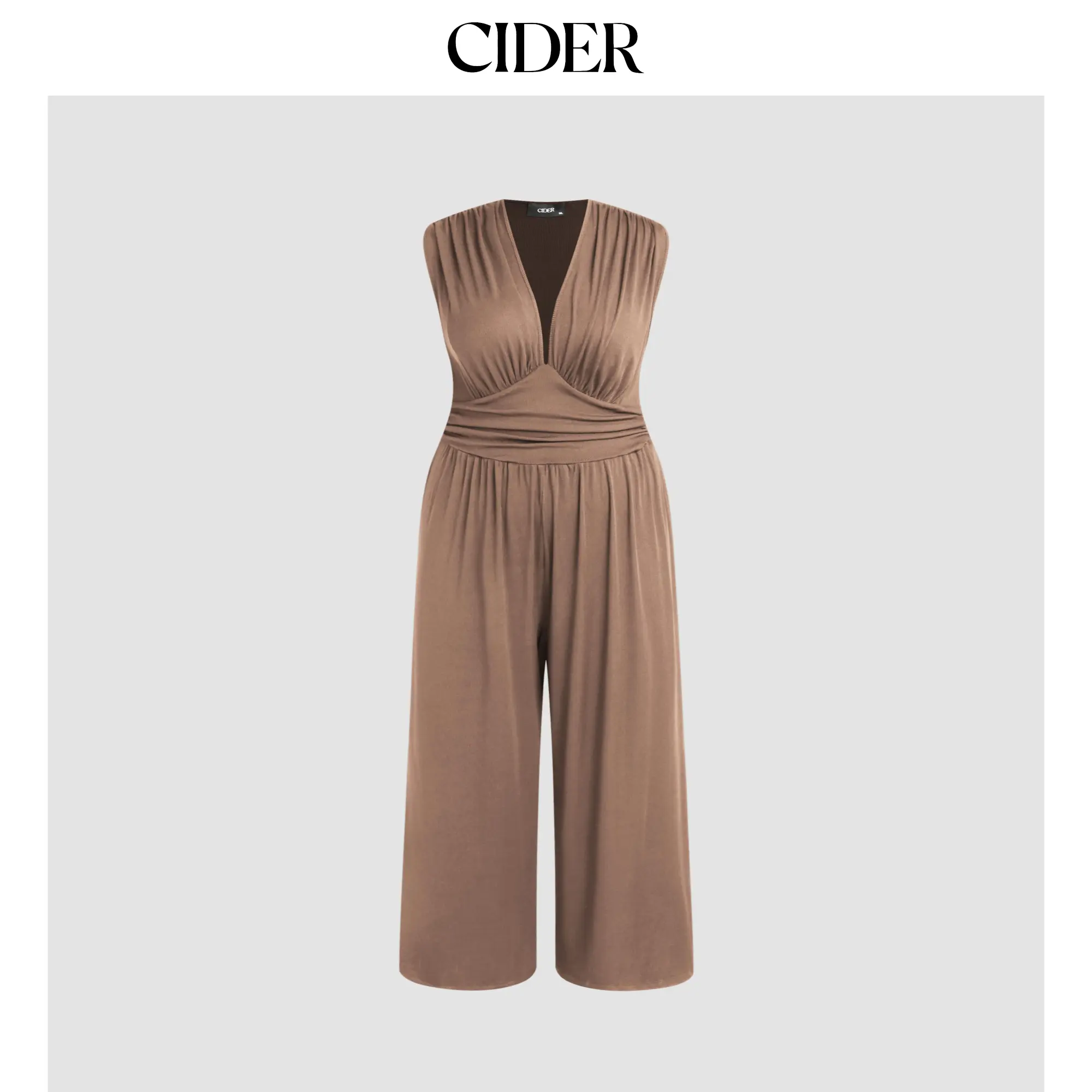 Cider [9 colors, size 0-26] V-neck Ruched Solid Wide Leg Jumpsuit