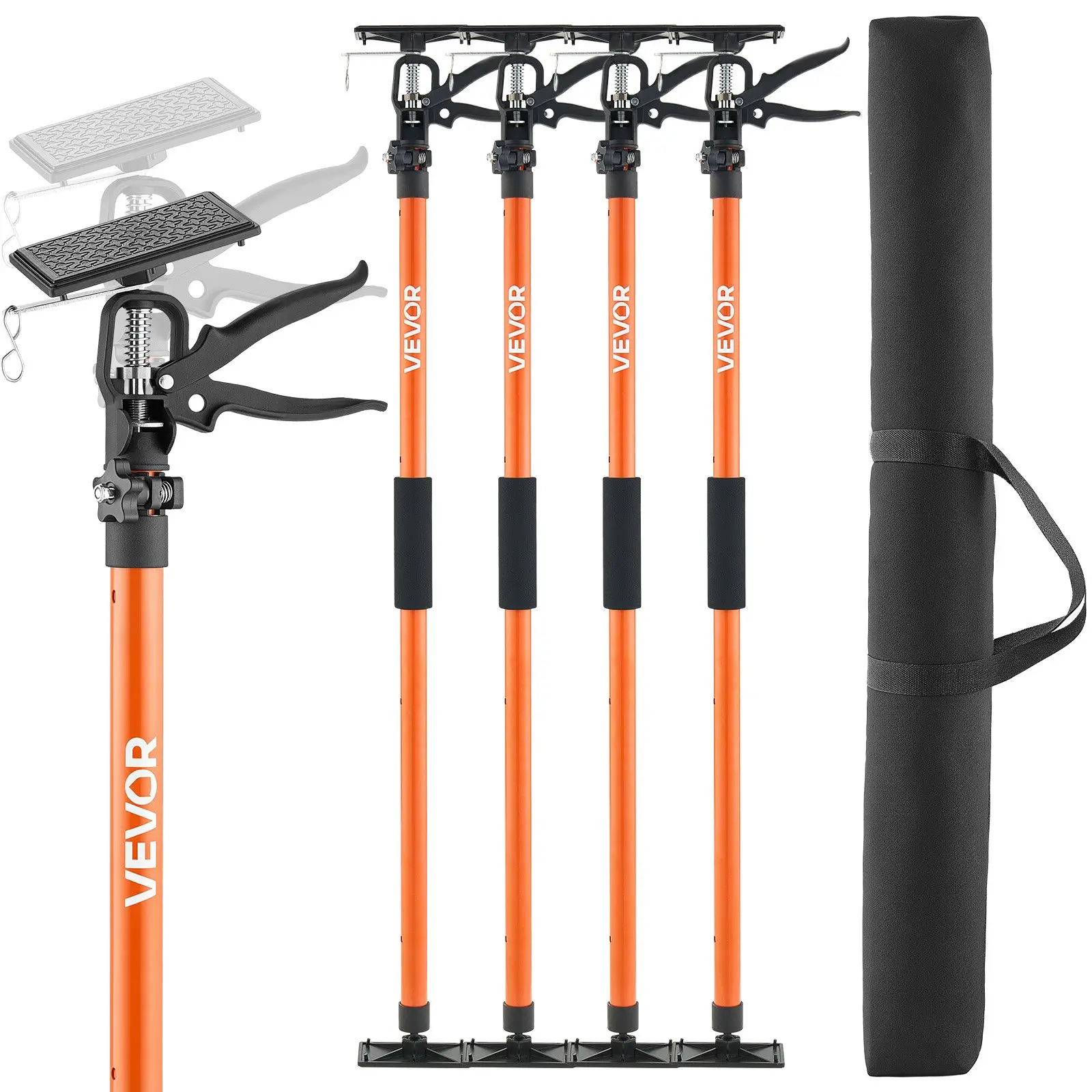 VEVOR 4-Pcs Adjustable Lightweight Telescopic Steel Extendable Pole Set, 45.7-114.2 in Quick Release Rods with 360-Swivel Top Plate & 90/45-Tilt 3rd Hand System, 154 lbs Capacity for Home Improvement Pros (Installing Cabinets, Drywall)