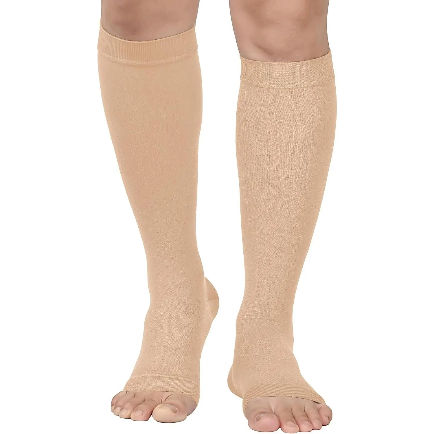 Medical Compression Stockings for Women & Men, 20-30 mmHg Graduated Knee High Socks, Firm Support for Nurses, Pregnancy, Flying, Varicose Veins — Open Toe, Latex-Free, Beige Large