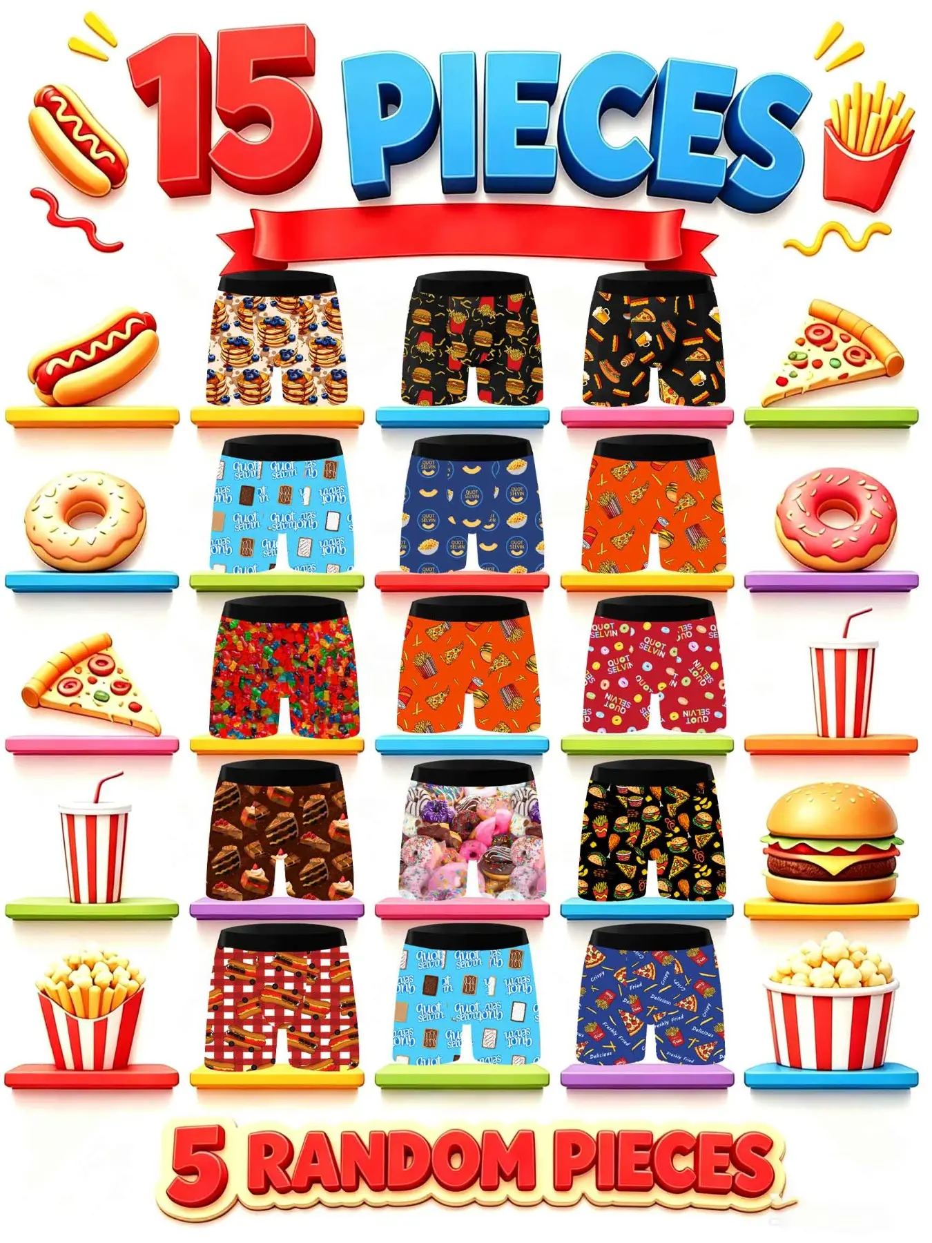 Random 5-Pack Food Pattern Boys' Briefs, Hot Dog Donut Coke Trendy Elastic Mid-Waist Shorts, Comfortable Skin-Friendly Boys' Underwear Gift Set