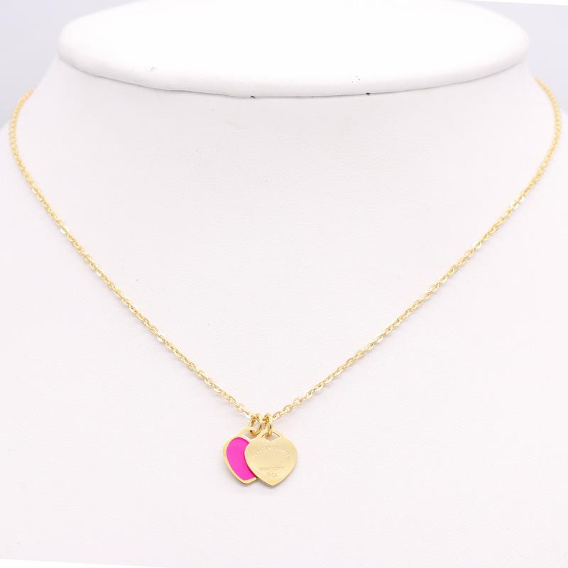 New luxury enamel pink double heart necklace, 18k gold titanium steel, versatile new style