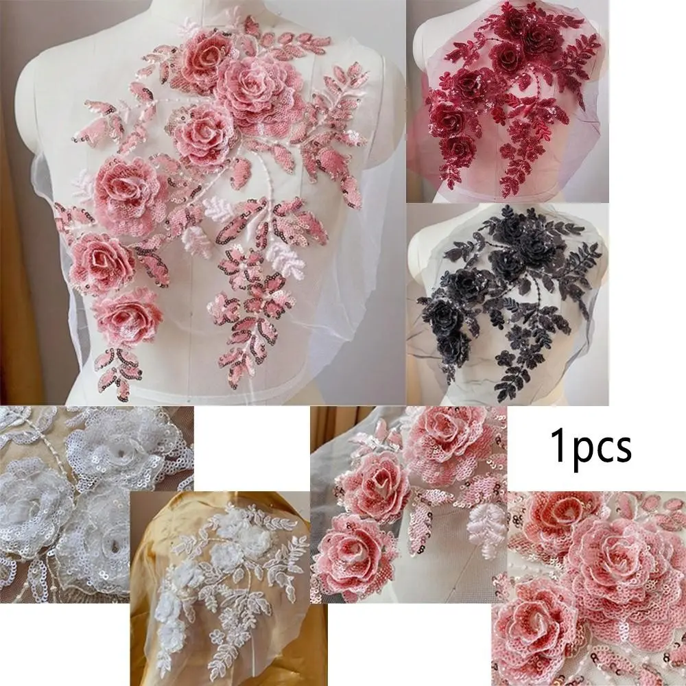 3D Sequined Lace Flower Applique, Elegant DIY Sew-On Craft Supplies for Dresses, Formal Wear & Cheongsam Decoration