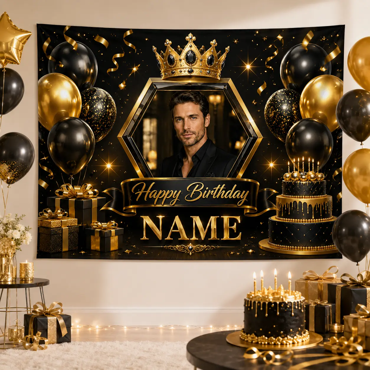 Personalized Black Gold Birthday Backdrop with Custom Photo & Name, Elegant Crown Luxury Birthday Party Banner, Adult Men Photo Booth Background Party Decorations