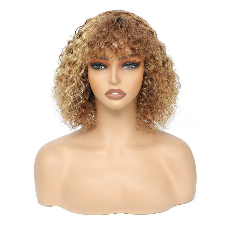 [Jerru Curly Wig] Jerru Curly Wig - 180% Density Highlight Curly Bob Wig With Bangs - Human Hair, Short, Kinky Curly, 4/27 Brown Honey Blonde Afro Curly Wigs For Black Women