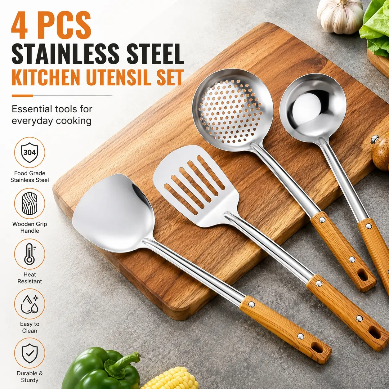 4PCS Stainless Steel Kitchen Utensil Set, 304 Food-Grade Cooking Tools with Wooden Grip Handles, Heat-Resistant Spoon, Ladle, Skimmer and Spatula Set for Stir Frying, Soup, Serving and Daily Cooking