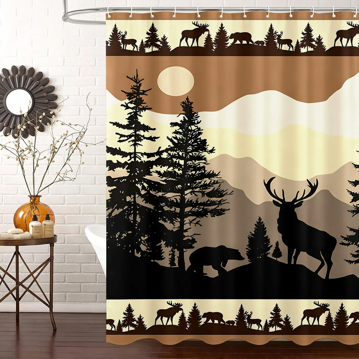 1PC Rustic Mountain Deer Bear Forest Shower Curtain 72"x72" Retro Brown Wilderness Bathroom Shower Curtain Set for Men Cabin Outdoor Hunting Bath Curtain Waterproof Wildlife Bathroom Accessories