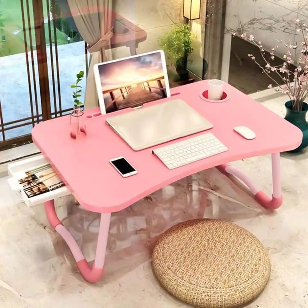 Laptop Bed Table, Foldable Laptop Desk Bed Tray with Storage Drawer, Lap Desk TV Tray for Breakfast Serving, Notebook Stand Reading Holder with Phone Slot and Cup Holder for Sofa Couch Floor-