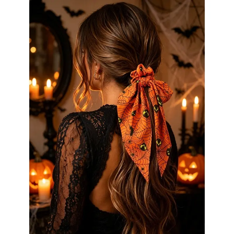 Halloween ribbon scrunchies, fun pumpkin witch print ponytail headbands, 6-pack of holiday hair accessories