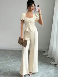 Women's Apricot Square Neck Two Piece Outfit, Elegant Chic Office Short Sleeve Peplum Top & High Waist Wide Leg Pants Set for Business Party Date Summer Daily Wear