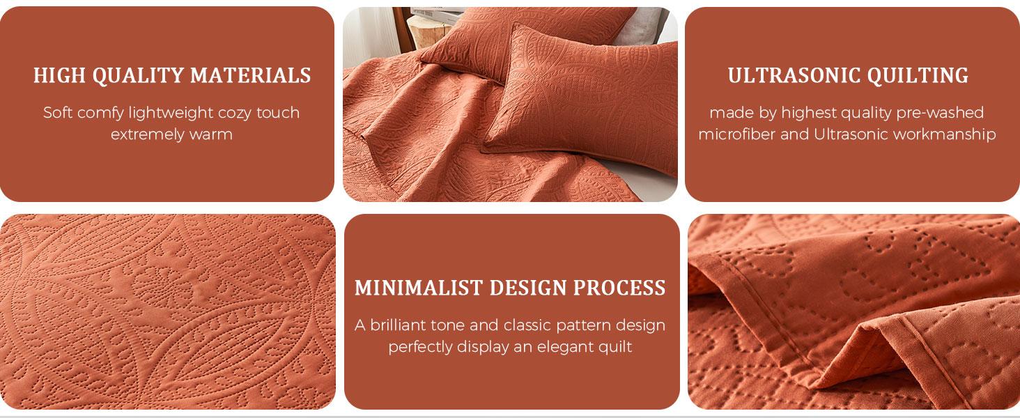 Queen Bedding Set,Burnt Orange Ultrasonic Full/Queen Set,Lightweight Soft Bedspread Coverlet,Style Coin Pattern Bed Cover for All,3 Piece(1,2 Pillow Shams)