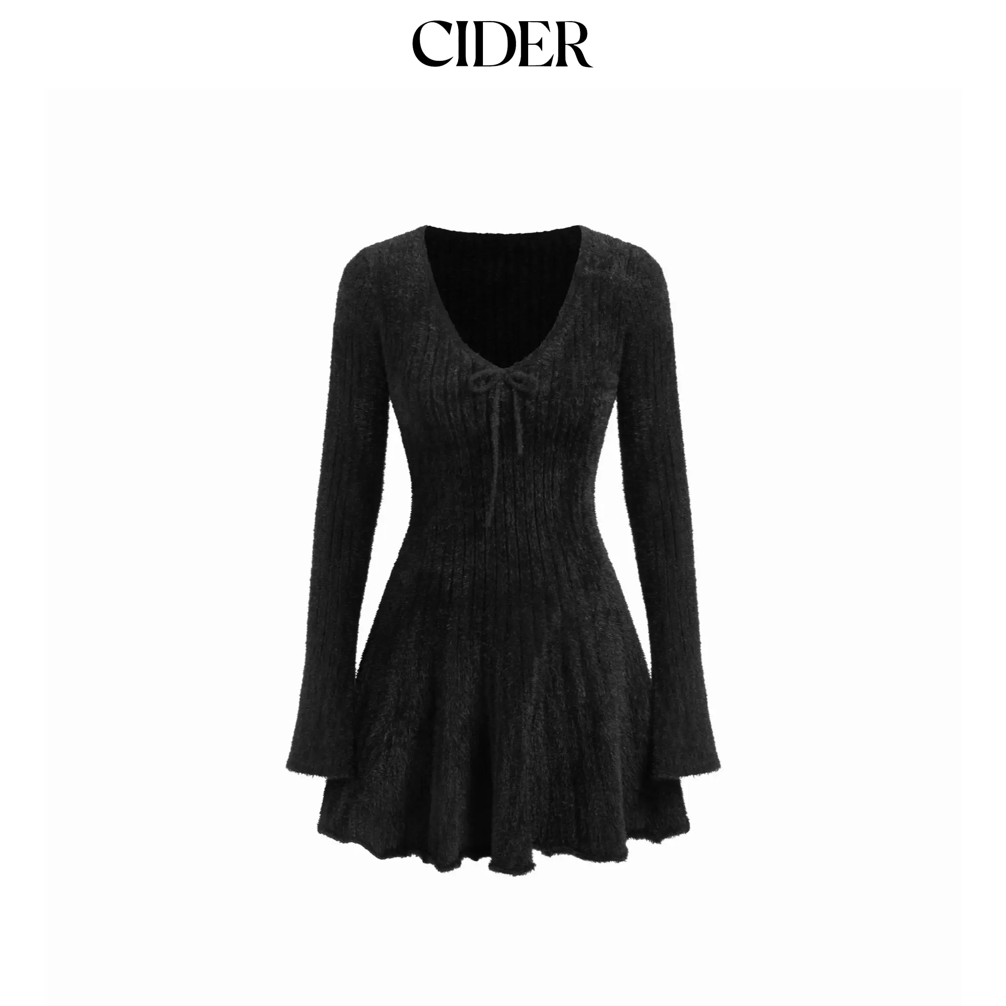 Cider Knit V-neck Bowknot Ruffle Hem Winter Mini Dress SohoChic