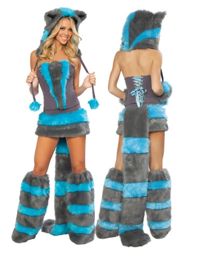 Woman Sexy Animals Costume Bunny White Leopard Fox Roleplay Outfit Hooded Dress with Tail Carnival Halloween Cosplay Party