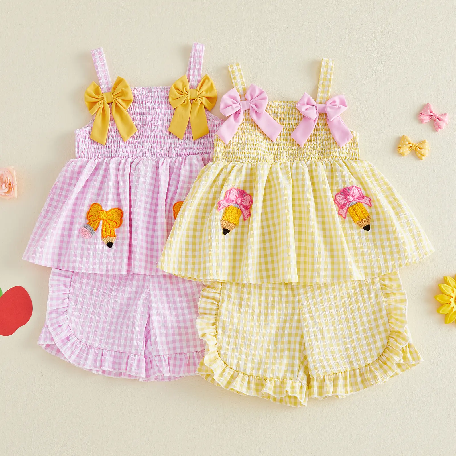 REDWOON Toddler Baby Little Girl Back To School Outfit Bow Pencil Embroidery Plaid Sleeveless Tops and Ruffle Trim Shorts Set 3-8 Years