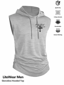 Men's Quick Dry Breathable Sleeveless Hooded Workout Tank with "Only God Can Judge Me" Cross Print 4-Way Stretch Sweat Wicking Gym Hoodie Vest