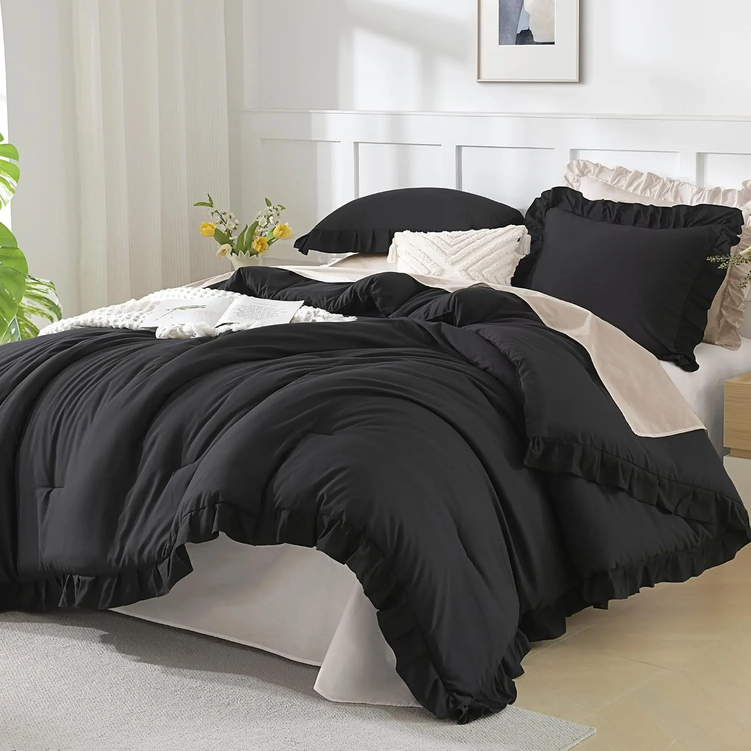 Black Queen Comforter Set, 3 Pieces Farmhouse Shabby Chic Bedding Comforter & Sets for Queen Bed, Soft Lightweight Fluffy All Season Down Alternative Bed Set for Men Women