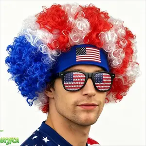 2 Piece Usa Patriotic Fan Costume Set, Red White Blue Afro Curly Wig With Flag Print Headband And American Flag Lens Sunglasses, Adult Cheer Accessory Kit For 4Th Of July Independence Day Party Decor Team USA celebrates their victory.