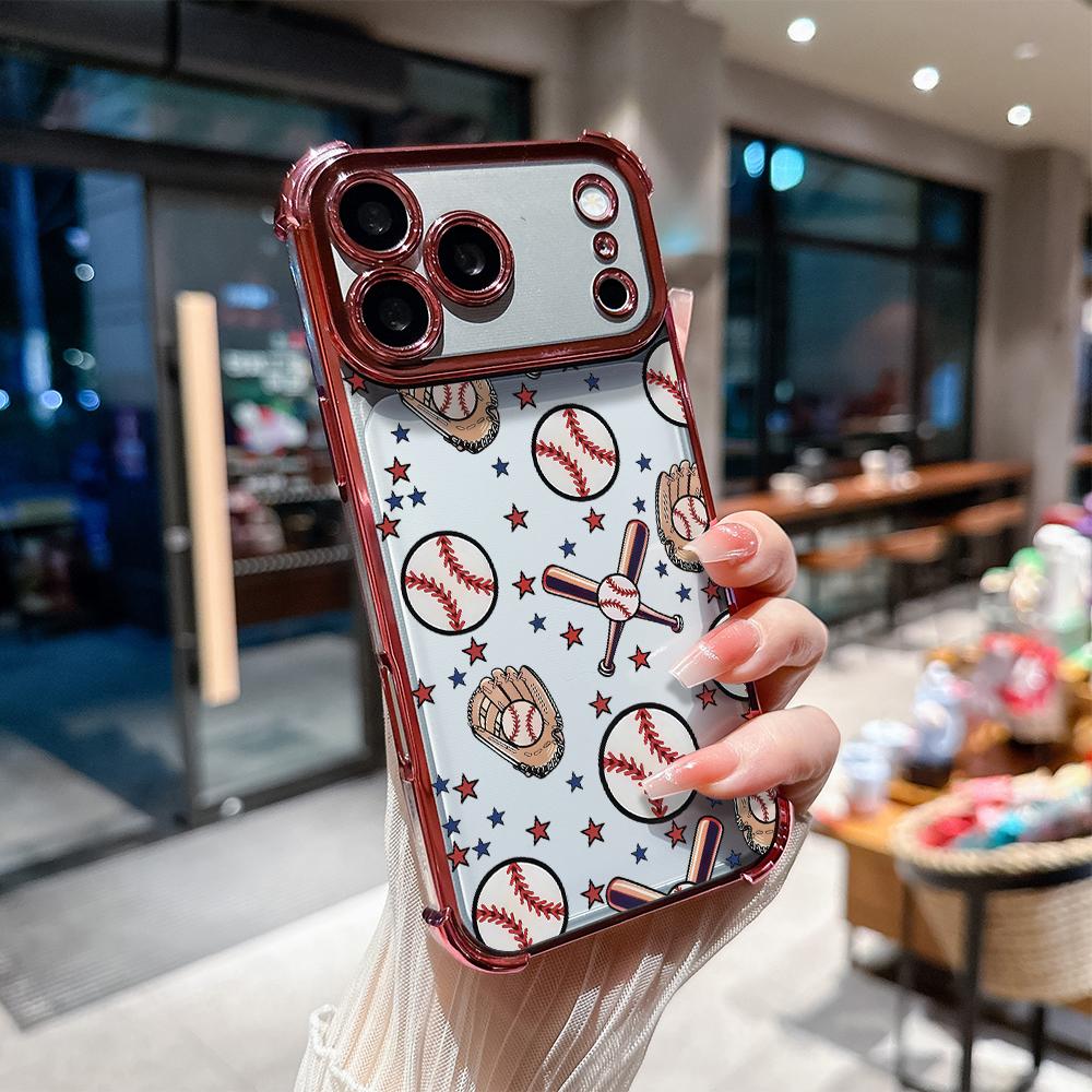 Phone Case for iPhone 17 Pro Max Air 16 15 14 13 12 11 Plus Baseball.Baseball gloves Pattern Four Corner Anti-Fall Phone Case Transparent Electroplated Protective Cover