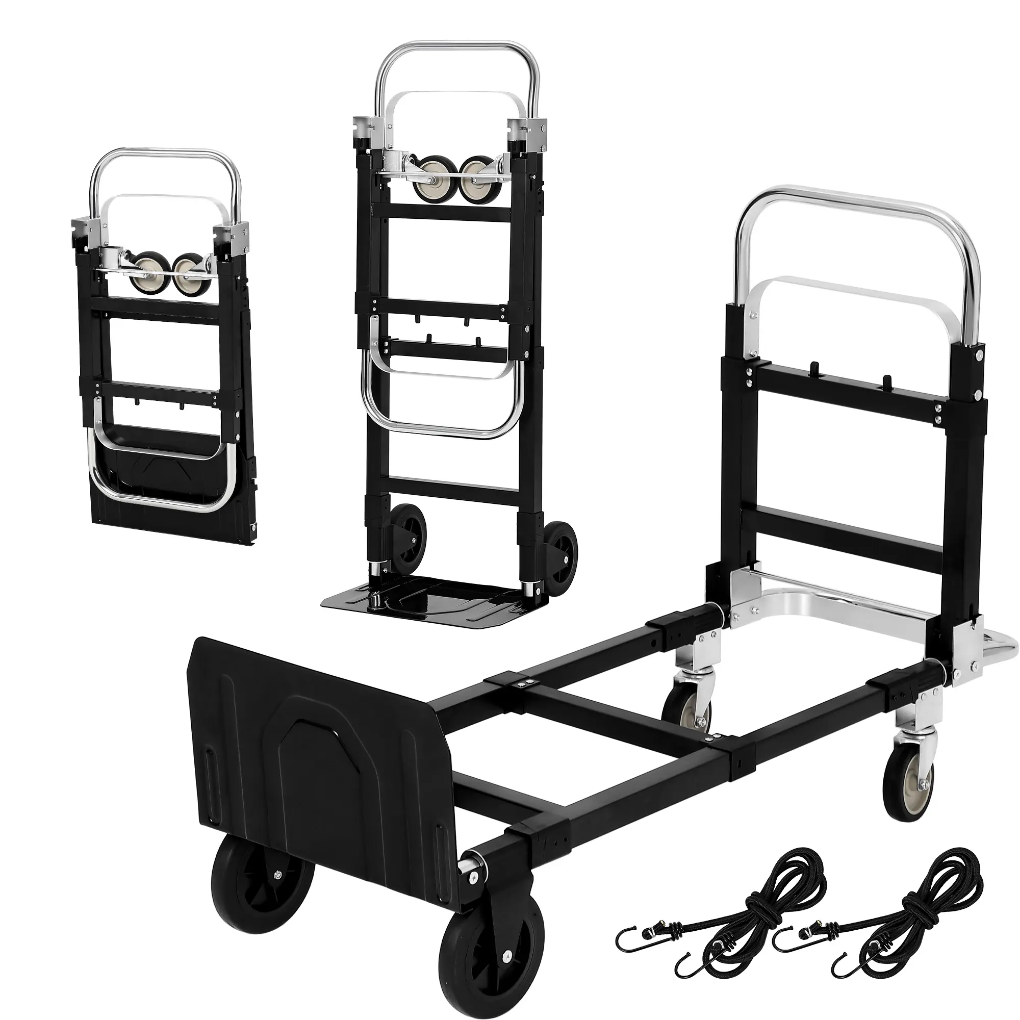 2-in-1 Convertible Hand Truck Dolly, 220lbs Load Capacity Folding Cart with Wheels, Elastic Straps, Carbon Steel Construction for Home, Warehouse, Office, Supermarket Use