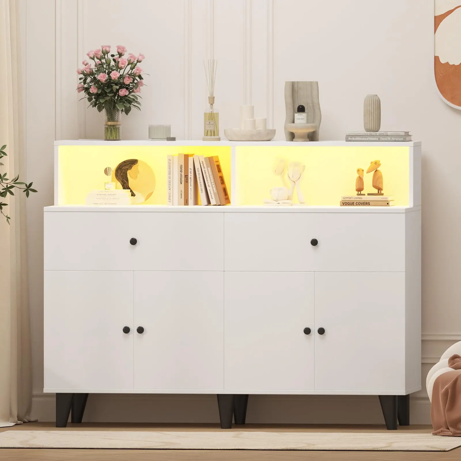 47.24" L x 15" W x 32.28" H Modern White Sideboard Buffet Cabinet, Wood Credenza with RGB LED Lights, Charging Station, Anti-Tipping Safety Device, 2 Drawers, 4 Doors, Adjustable Shelves, Ample & Flexible Storage, Safe & Durable for Living Room, Kitchen,