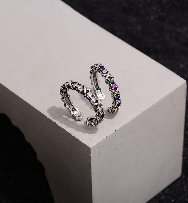 925 Silver Open Finger Ring Rainbow Color Stone Punk Geometric Stackable Cross For Women Girl Jewelry Gift